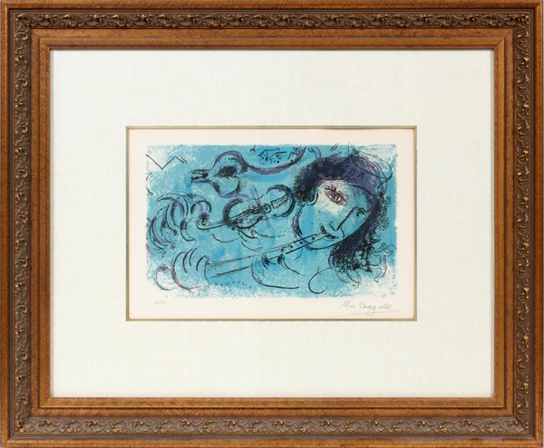 MARC CHAGALL (FRENCH, 1887-1985), COLOR LITHOGRAPH, H 9 1/2", W 15 1/2", "LE JOUEUR DE FLUTE"