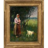 CHARLES E. WALTENSPERGER (AMERICAN, 1871-1931), OIL ON CANVAS, H 14", W 11", GIRL WITH GOATSigned.