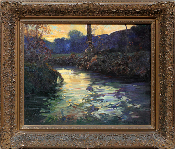 GEORGE AMES ALDRICH (AMERICAN, 1872-1941), OIL ON CANVAS, H 24", W 30", "COMING TWILIGHT"In