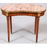 FRENCH MARQUETRY INLAID KIDNEY SHAPED TABLE, 18TH C.Approx. dimensions : H 24", L 30", W 15".Chip on