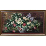 EUROPEAN OIL ON CANVAS BOARD, LATER 20TH C., H 25", W 48", LARGE BOUQUET OF FLOWERSIllegible
