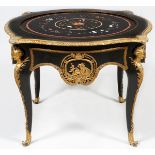 FRENCH LOUIS XV PIETRA DURA, EBONY AND BRONZE MOUNTED TABLE 19TH CENTURY H 30" DIA 40"Marquetry