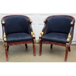 EMPIRE STYLE MAHOGANY BLACK UPHOLSTERED CHAIRS, PAIR, H 35", L 26"Swan form.- For High Resolution