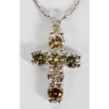2.92CT FANCY YELLOW, GREEN, PINK & BROWN DIAMONDS CROSS NECKLACE, L 18"The cross form pendant has