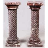 RED MARBLE PEDESTALS, PAIR, H 41", W 14", D 14"- For High Resolution Photos visit Dumouchelles