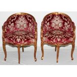 FRENCH LOUIS XV GILT WOOD CORNER CHAIRS C.19TH CENTURY H 34" W 25"Red cut velvet upholstery.some