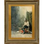 GIUSEPPE AURELI (ITALIAN, 1858-1929) WATERCOLOR, H 24", W 18", SEATED SOLDIER POLISHING