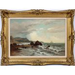 FRANK E. BROMLEY (US ACT. C. 1859-1890), OIL ON BOARD, H 20", W 30", ROCKY COASTLINE WITH