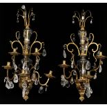 CRYSTAL & BRONZE WALL SCONCES WITH CRYSTAL & ROCK CRYSTAL PRISMS, C. 1950-1970, PAIR, H 35", W