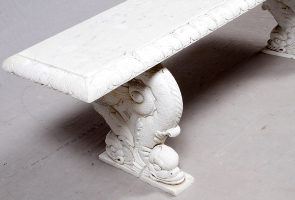CARVED MARBLE GARDEN BENCH, H 17", L 54", D 18"Dolphin supports. Ca. early 20th c."As Is" condition. - Image 3 of 3