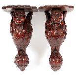 CARVED MAHOGANY CURIO BRACKETS, PAIR, H 15", W 7 3/4" D 7"Each with a carved griffin over a ball