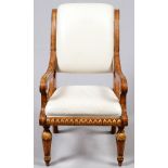 FRENCH STYLE ARMCHAIR WITH LEATHERIvory leather upholstered back and seat flanked by open arms.- For