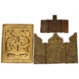 RUSSIAN ORTHODOX BRASS TRIPTYCHS & PANEL, THREE PIECES, 3" X 5"Including 1 triptych in low relief,