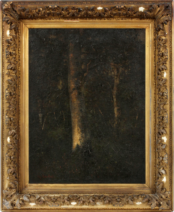 BEARS A SIGNATURE READING "G. COURBET" OIL ON CANVAS, H 26", W 20", "TREE TRUNKS OF A FOREST"Framed;