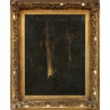 BEARS A SIGNATURE READING "G. COURBET" OIL ON CANVAS, H 26", W 20", "TREE TRUNKS OF A FOREST"Framed;