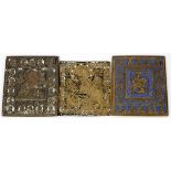 RUSSIAN ORTHODOX ENAMELED BRASS ICONS, THREE, 5" X 4"Including 1 bearded saint with open book,