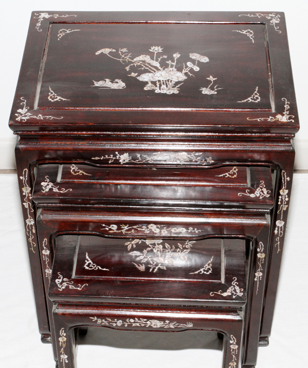 CHINESE ROSEWOOD AND MOTHER OF PEARL NEST OF 3 TABLES H 21.5" L 17.25 D 12.25"- For High - Image 2 of 2