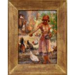 GEORGE LUKS (AMERICAN, 1867-1933), OIL ON WOOD PANEL, H 12 3/4", W 9 1/2", GIRL FEEDING