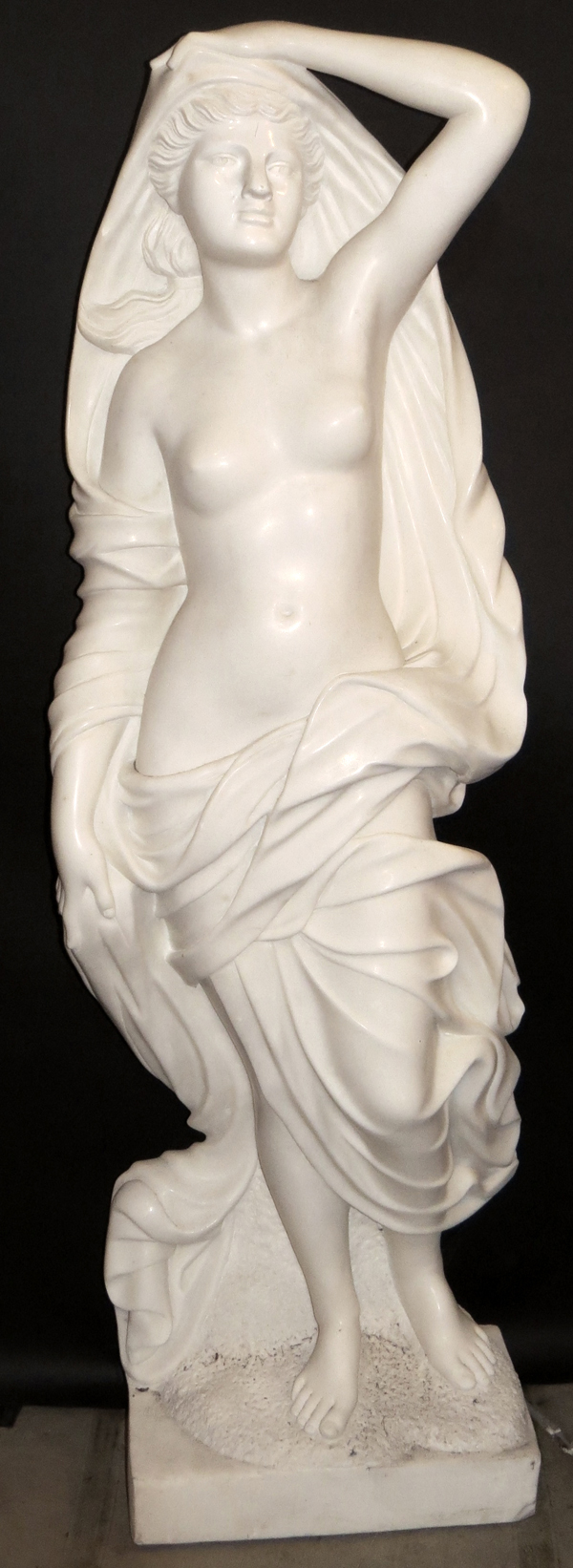 CARVED MARBLE STANDING FIGURE, H 61", NUDE FEMALE WITH CLOAKImage of daybreak.- For High