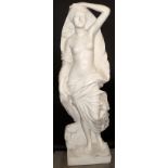 CARVED MARBLE STANDING FIGURE, H 61", NUDE FEMALE WITH CLOAKImage of daybreak.- For High