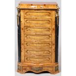 FRENCH STYLE BURL WOOD VENEER SEMAINIER, C. 1980, H 40", W 23", D 15"7 drawers; serpentine front;