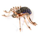 14KT YELLOW GOLD SAPPHIRE, DIAMOND, AND ENAMEL SPIDER PIN, W 3 1/4"Weighing approximately 41.1