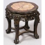 CHINESE INLAID MARBLE TABLE, 19TH C., H 18", L 17"All around carved teakwood.- For High Resolution