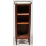 FRENCH MAHOGANY & MARBLE TOP STAND, H 33", L 13", D 9"Having a brass gallery, three shelves, and