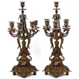 FRENCH BRONZE SIX-LIGHT CANDELABRA, LATE 19TH C., PAIR, H 26 1/2", W 11 1/2"Having scrolling leaf