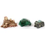 CHINESE MALACHITE, TURQUOISE & SOAPSTONE FIGURAL CARVINGS, THREE, L 2"-3"Hand carved, including 1