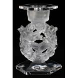 LALIQUE 'MESANGES' FROSTED GLASS CANDLESTICK, H 7"Frosted bird figures in flower wreath. Separate