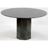 BLACK AND GREY MARBLE TABLE WITH OCTAGONAL PEDESTAL BASE, 20TH CENTURY, H 28", DIA 47"Having a round