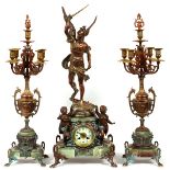 ANTIQUE FRENCH GARNITURE CLOCK AND A PAIR OF CANDELABRAS C. 1880 3PCS: H 30" CLOCK - 25"
