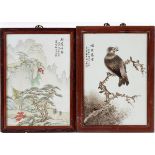 CHINESE PORCELAIN PLAQUES, TWO, H 15", W 11"one large bird, other landscape framed. 15 1/2".minor