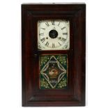 SETH THOMAS, MAHOGANY WALL CLOCK, C. 1840, H 26", W 15"Reverse painted glass door opens to two