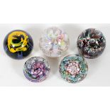 SCOTTISH & AMERICAN, GLASS PAPERWEIGHTS, 5 PCS., DIA 2 3/4"-3 1/4"Including 1 blue and yellow weight