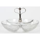 HAWKES STERLING & ETCHED GLASS THREE-SECTION RELISH DISH, C. 1920, DIA 9"Three-section glass dish