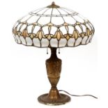 YELLOW DOMED LEADED GLASS SHADE HONEY COMB FLORAL LAMP H 24", DIA 18"Having a white with honey