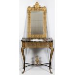 WROUGHT IRON BRASS MARBLE TOP CONSOLE & MIRROR, H 33", L 31", D 13"Gilt wrought iron frame with leaf