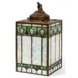 ARTS & CRAFTS LEADED SLAG GLASS HALL LIGHT, C. 1900, H 10", W 5 3/4" SQUAREA rectangular pendant