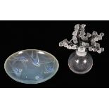 LALIQUE 'CLAIREFONTAINE' PERFUME BOTTLE & SABINO GLASS DISH, DIA 4 3/4"Including 1 Lalique clear