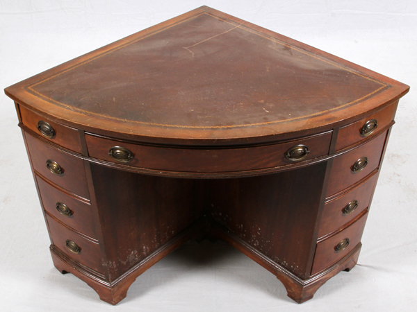 MAHOGANY CORNER DESK, H 30", W 46", D 33"Having inset leather top and a total of 8 drawers, one - Image 2 of 2