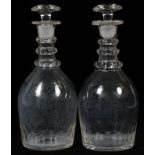 HAND-BLOWN CRYSTAL DECANTERS, PAIR, H 10 1/2"Notched and paneled cuts at the neck, shoulder and base