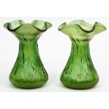 LOETZ GLASS VASES, C. 1900, PAIR, H 4 1/2"Having ruffled collars and green iridescent sheen. No