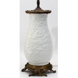 CHINESE GLAZED WHITE POTTERY LAMP WITH FRENCH BRONZE MOUNTS, H 13"A white pottery base with motif of