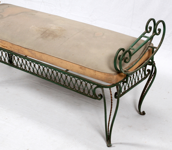 WROUGHT IRON BENCH, H 26", L 48" D 20"Having curved legs and an upholstered seat cushion.The seat is - Image 2 of 2