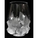 LALIQUE 'HEDERA' CLEAR & FROSTED GLASS VASE, H 7"Tapering form, the base with leafy decoration;