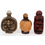 CHINESE SNUFF BOTTLES, THREE, H 2 3/4"Including 1 bronze snuff bottle with two figures in relief