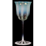 TIFFANY FAVRILE AQUA PASTEL GLASS GOBLET, C. 1920, H 9" Having a milky white, clear stem and an