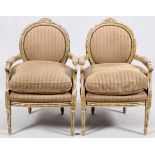 WILLIAM SWEITZER LOUIS XVI STYLE OPEN ARM CHAIRS, PAIRCarved antiqued finish with gold highlights on